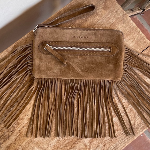 RALPH LAUREN Western Fringed Brown Suede Equestrian Clutch Wristlet Pockets NICE - Picture 9 of 10